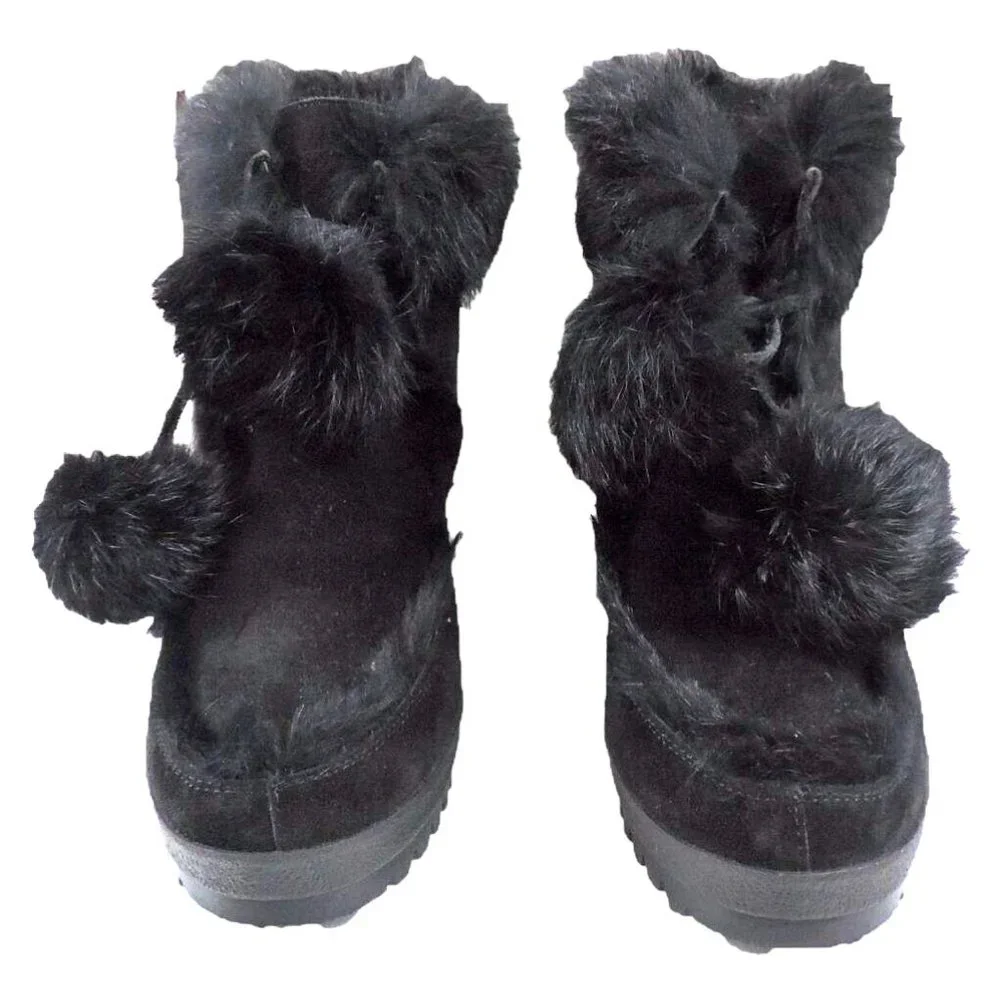 COACH Kataya Black Suede Rabbit Fur Trim Lace Up‎ Wedge Booties